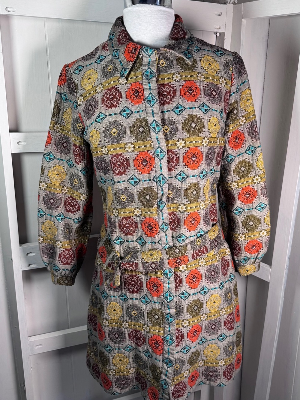 Vintage 1970s Geometric BROCADE patterned jacket Dress xxs-XS like new
